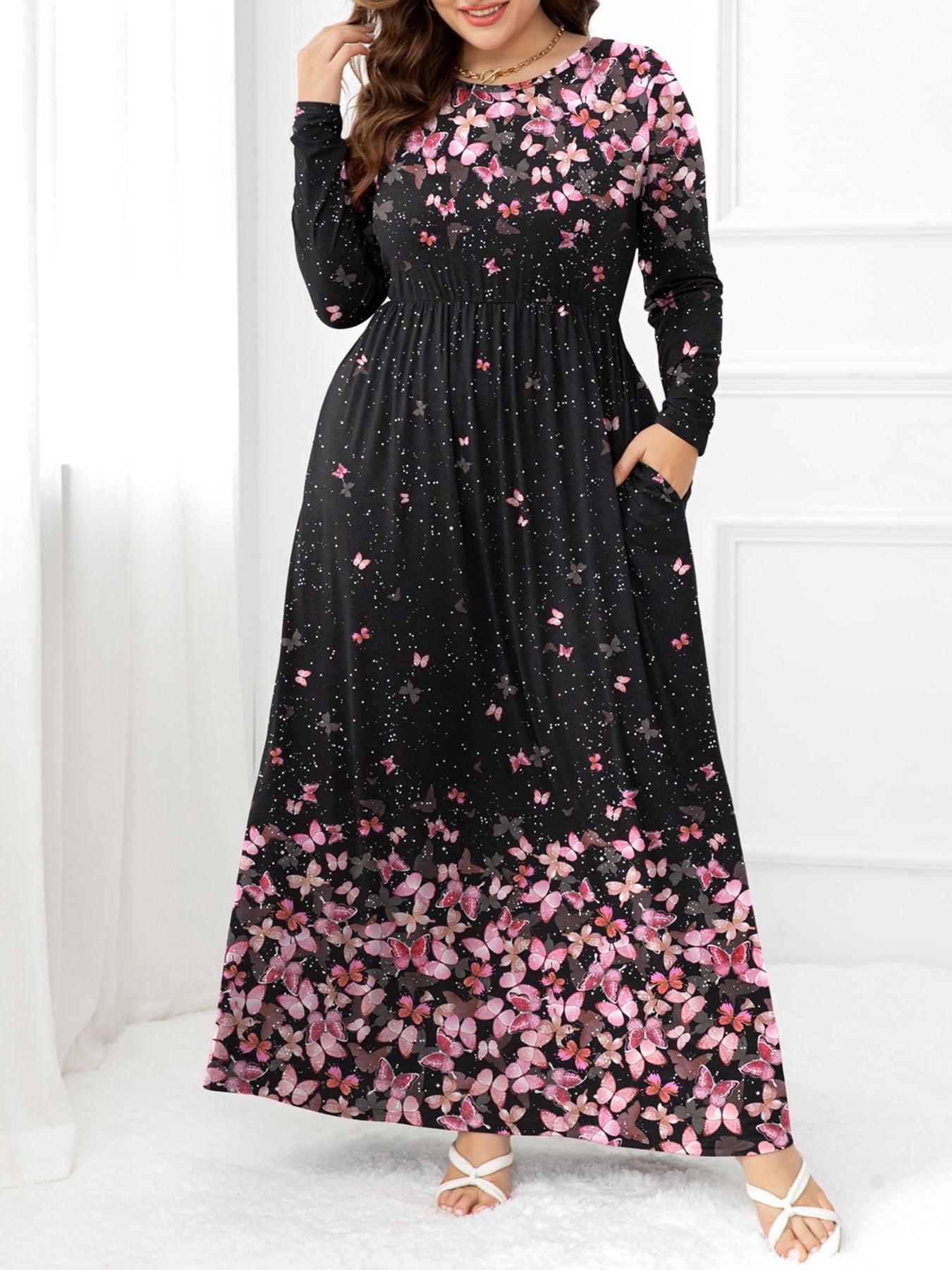 Practical Side Pockets Plus Size Long Sleeve Maxi Dress - MXSTUDIO.COM