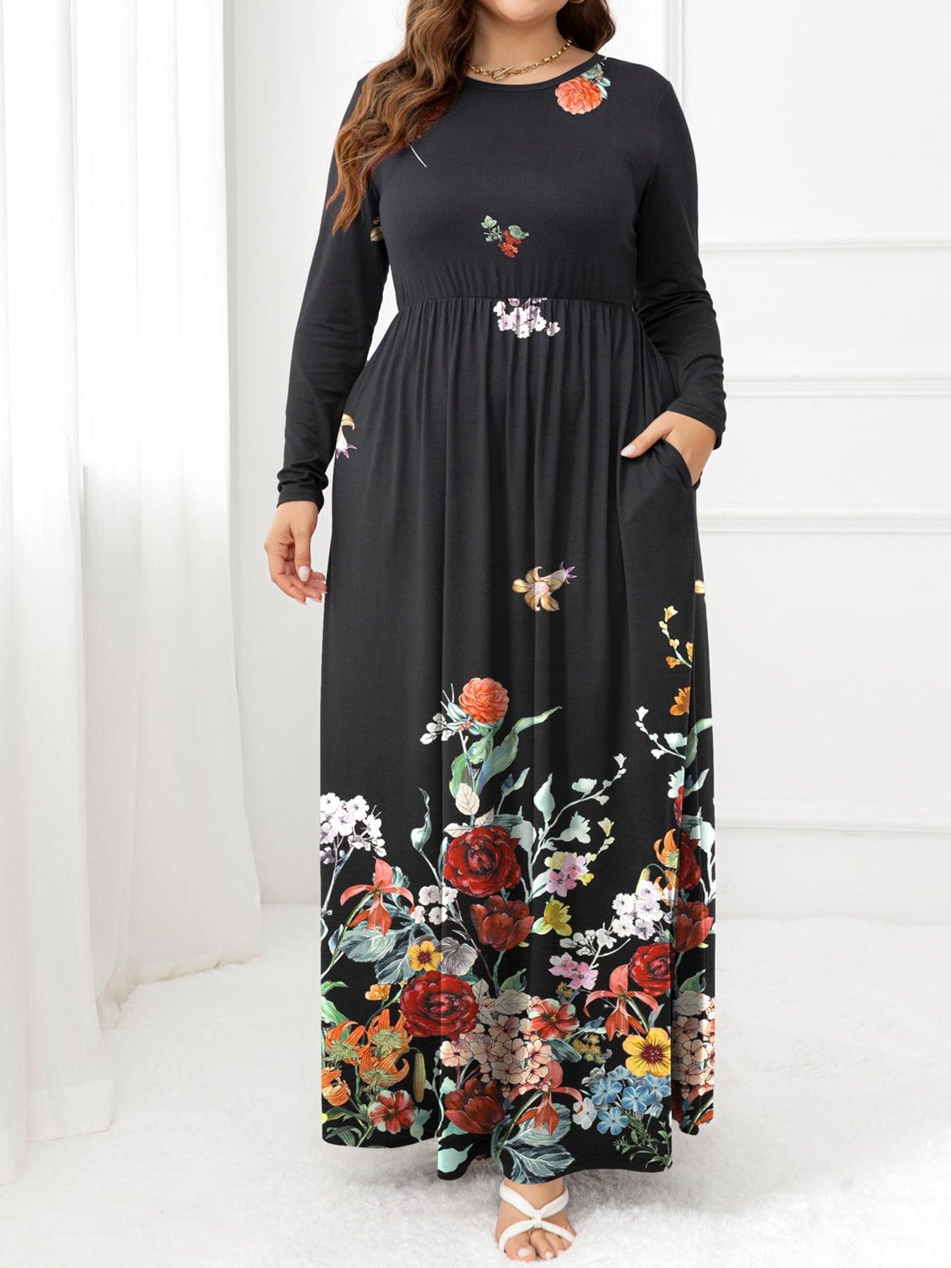 Practical Side Pockets Plus Size Long Sleeve Maxi Dress - MXSTUDIO.COM