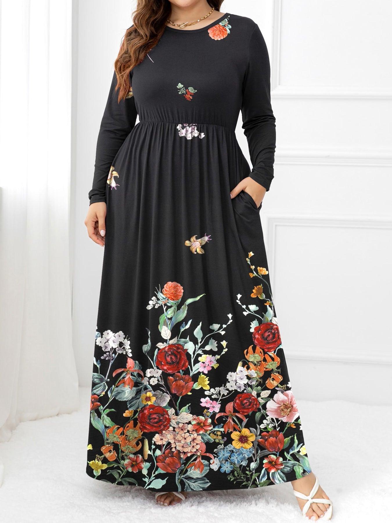 Practical Side Pockets Plus Size Long Sleeve Maxi Dress - MXSTUDIO.COM