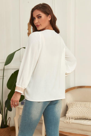 Prime Self Puff Sleeve V-Neck Plus Size White Blouse - MXSTUDIO.COM