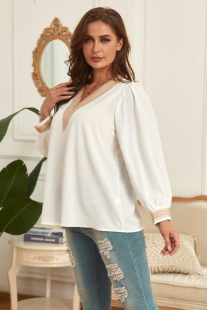 Prime Self Puff Sleeve V-Neck Plus Size White Blouse - MXSTUDIO.COM