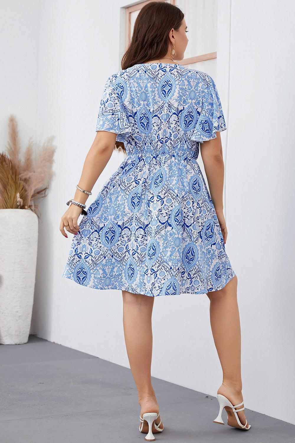 Printed Pastel Blue Plus Size Flutter Sleeve Dress - MXSTUDIO.COM