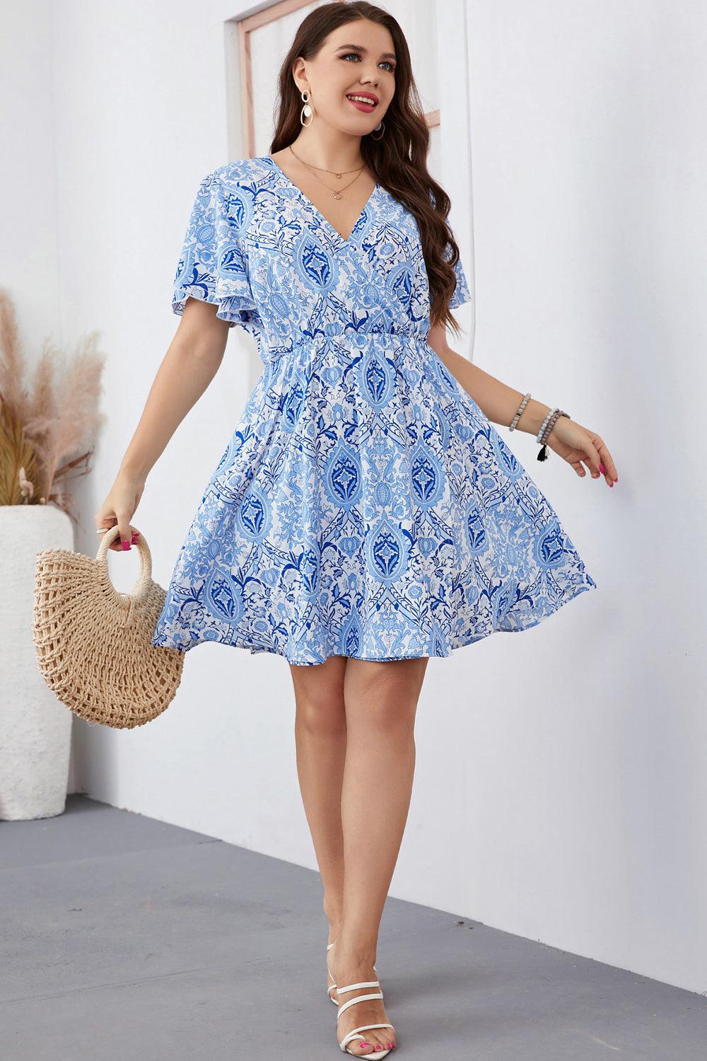 Printed Pastel Blue Plus Size Flutter Sleeve Dress - MXSTUDIO.COM