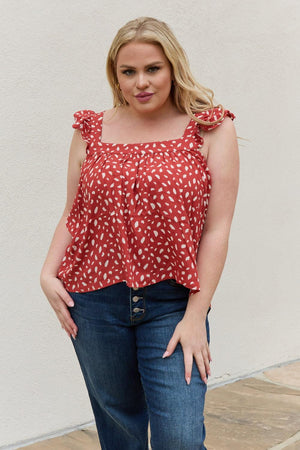 Printed Woven Brick Red Plus Size Square Neck Top - MXSTUDIO.COM