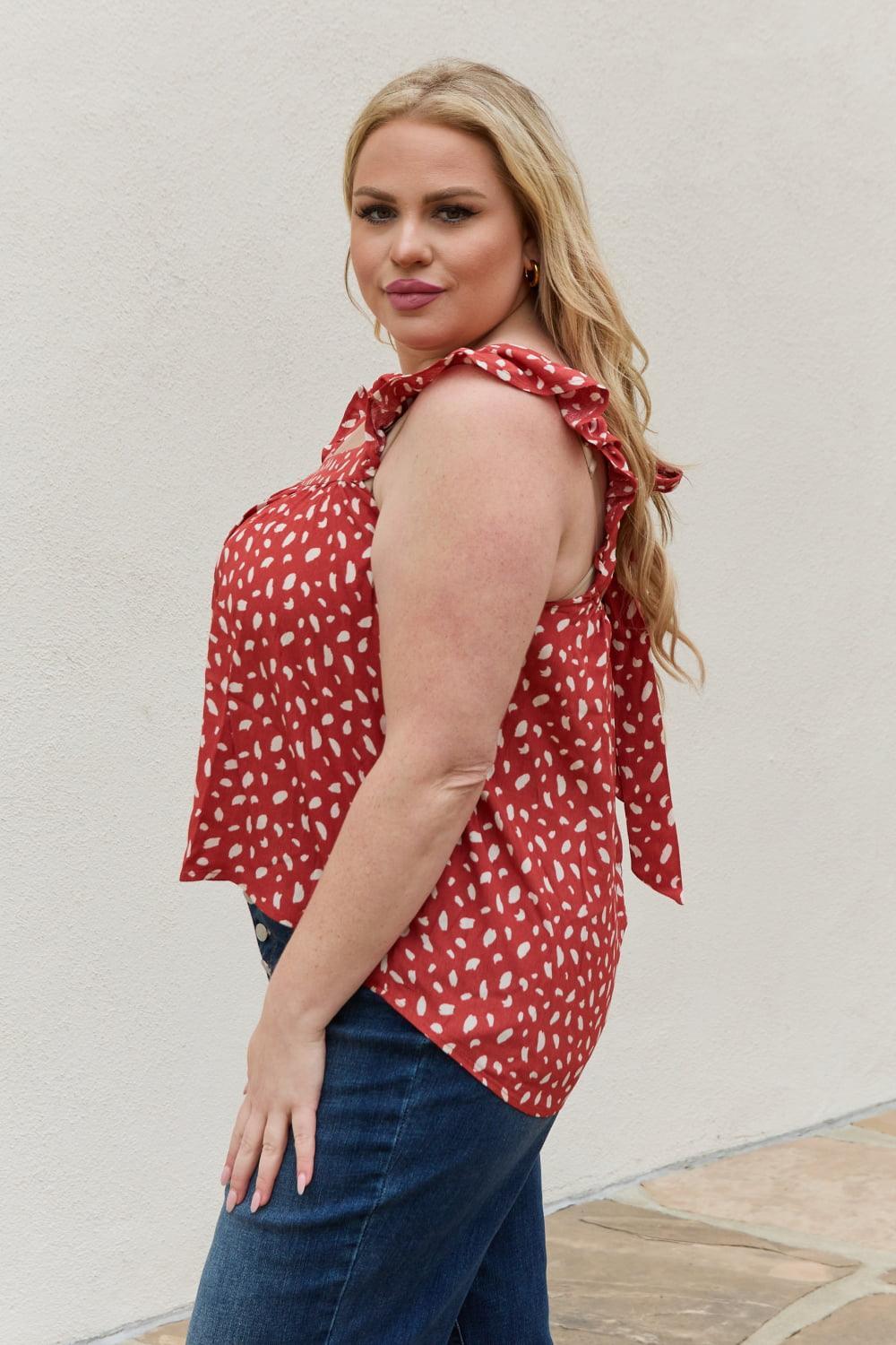 Printed Woven Brick Red Plus Size Square Neck Top - MXSTUDIO.COM