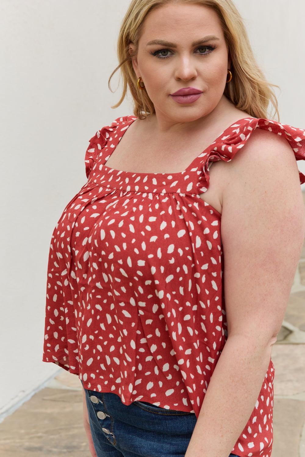 Printed Woven Brick Red Plus Size Square Neck Top - MXSTUDIO.COM