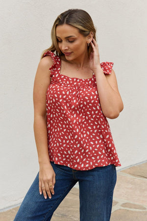 Printed Woven Brick Red Plus Size Square Neck Top - MXSTUDIO.COM