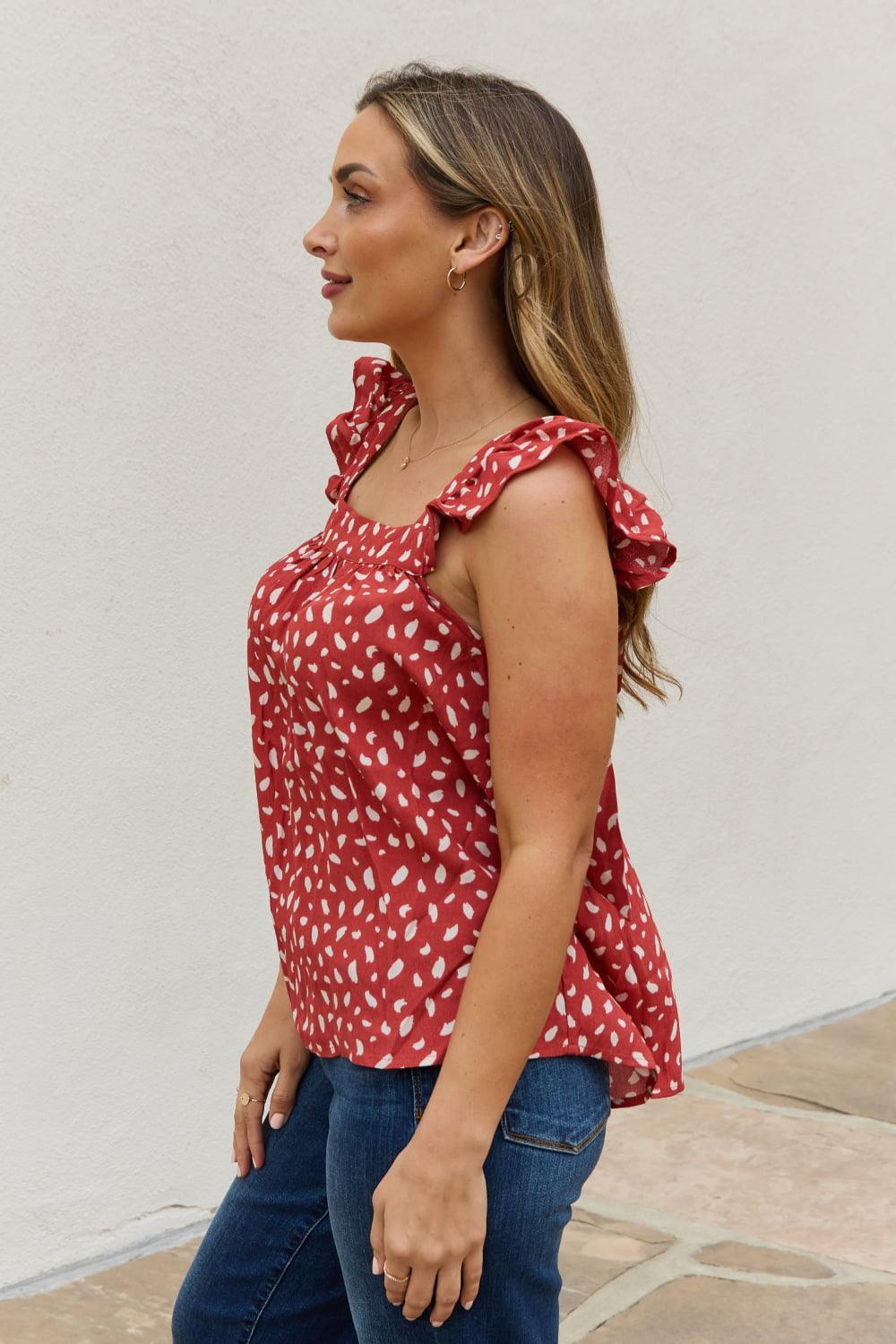 Printed Woven Brick Red Plus Size Square Neck Top - MXSTUDIO.COM