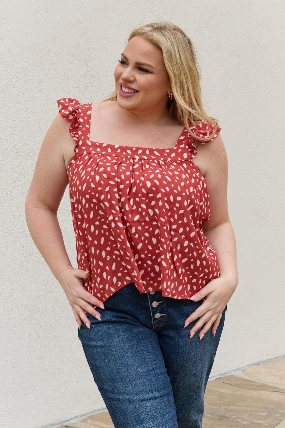 Printed Woven Brick Red Plus Size Square Neck Top - MXSTUDIO.COM