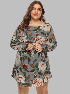 Radiant Long Sleeve Plus Size Floral Mini Dress - MXSTUDIO.COM