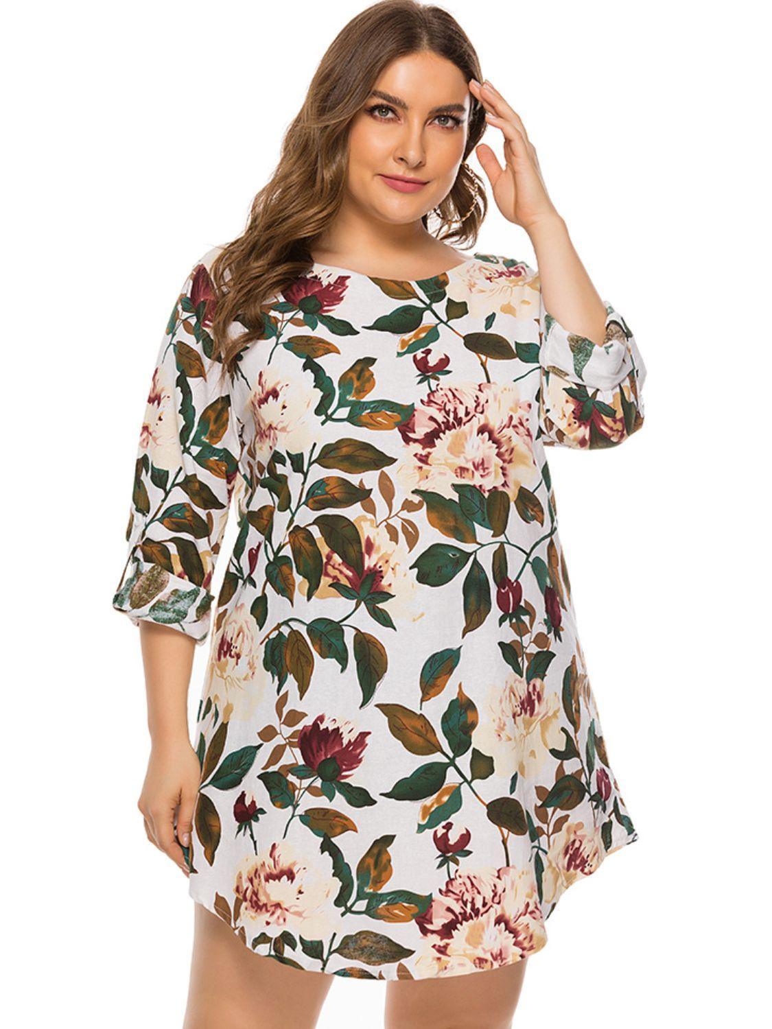 Radiant Long Sleeve Plus Size Floral Mini Dress - MXSTUDIO.COM