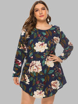 Radiant Long Sleeve Plus Size Floral Mini Dress - MXSTUDIO.COM