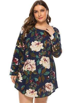 Radiant Long Sleeve Plus Size Floral Mini Dress - MXSTUDIO.COM