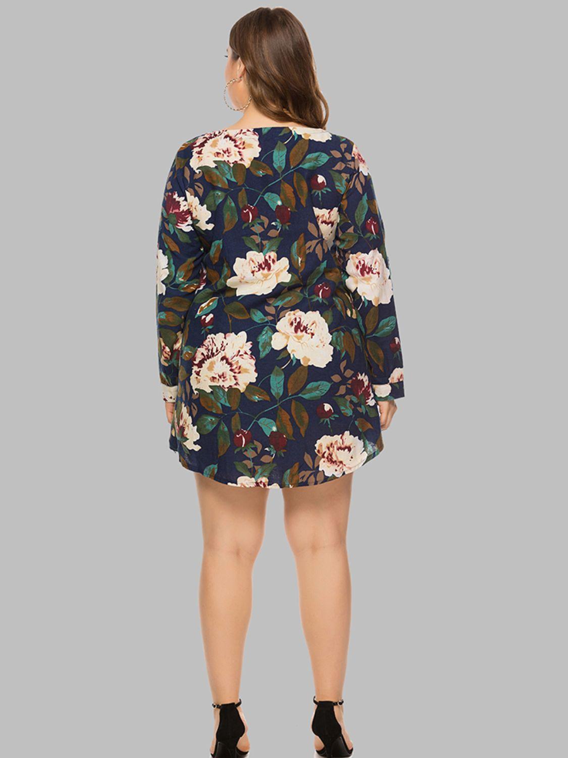 Radiant Long Sleeve Plus Size Floral Mini Dress - MXSTUDIO.COM