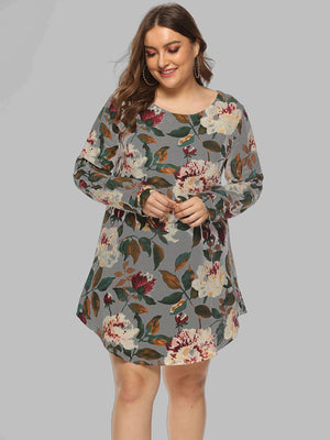 Radiant Long Sleeve Plus Size Floral Mini Dress - MXSTUDIO.COM