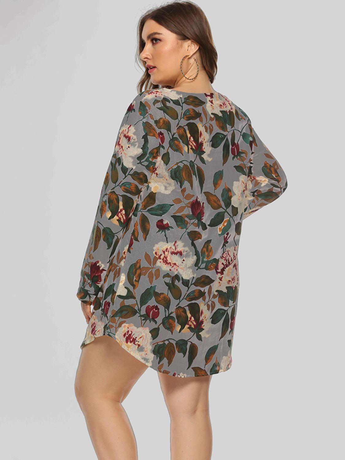 Radiant Long Sleeve Plus Size Floral Mini Dress - MXSTUDIO.COM