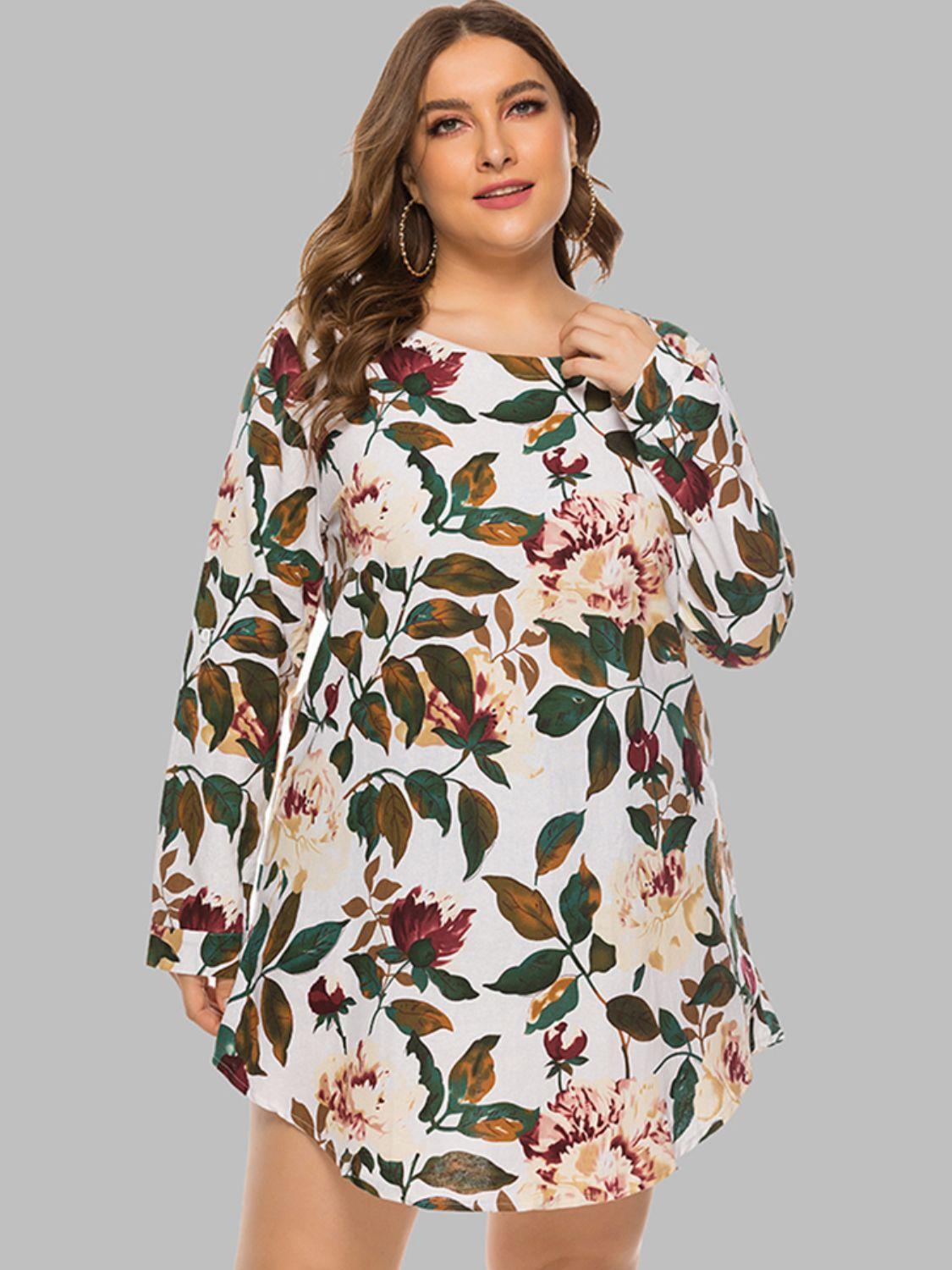 Radiant Long Sleeve Plus Size Floral Mini Dress - MXSTUDIO.COM