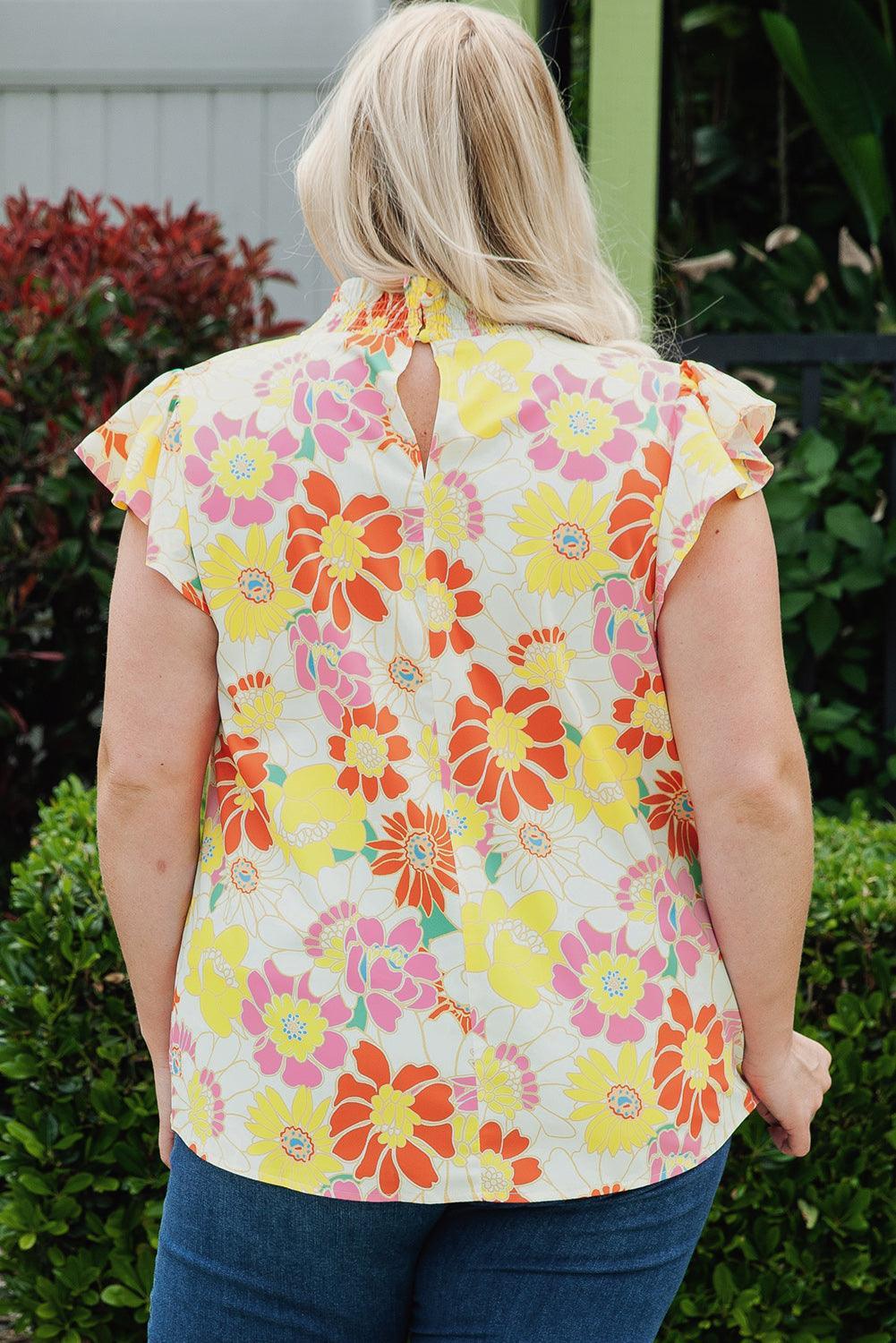 Ray Of Sunshine Cap Sleeve Plus Size Floral Blouse - MXSTUDIO.COM