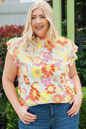 Ray Of Sunshine Cap Sleeve Plus Size Floral Blouse - MXSTUDIO.COM