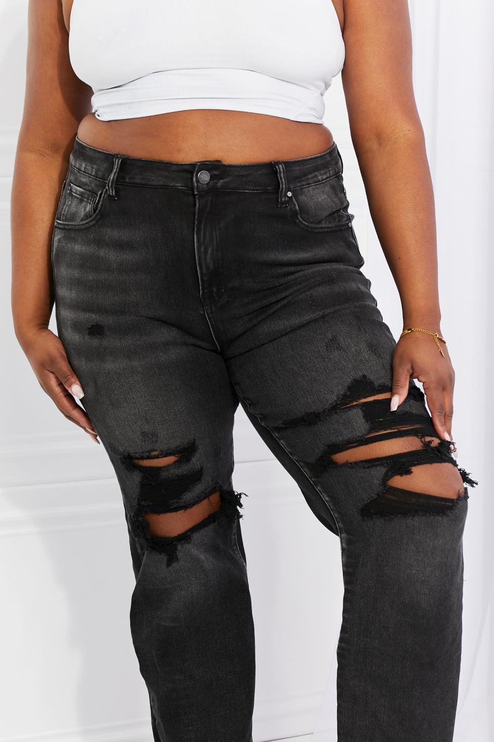 Rebel Girl Mid Rise Plus Size Black Distressed Jeans - MXSTUDIO.COM