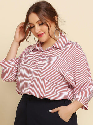 Reserved Striped Plus Size Button Up Shirt - MXSTUDIO.COM