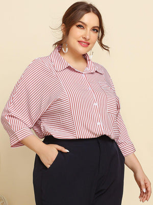 Reserved Striped Plus Size Button Up Shirt - MXSTUDIO.COM