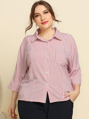 Reserved Striped Plus Size Button Up Shirt - MXSTUDIO.COM