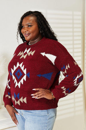 Ribbed Aztec Inspired Plus Size Fuzzy Sweater - MXSTUDIO.COM