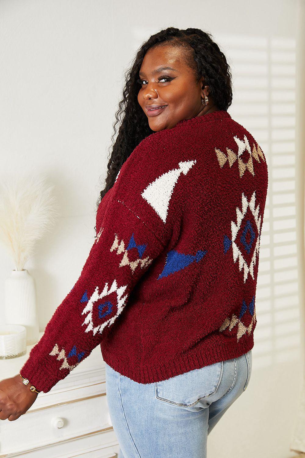 Ribbed Aztec Inspired Plus Size Fuzzy Sweater - MXSTUDIO.COM