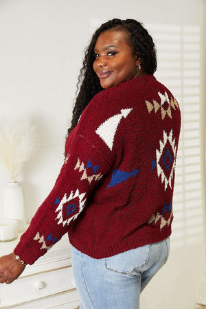 Ribbed Aztec Inspired Plus Size Fuzzy Sweater - MXSTUDIO.COM