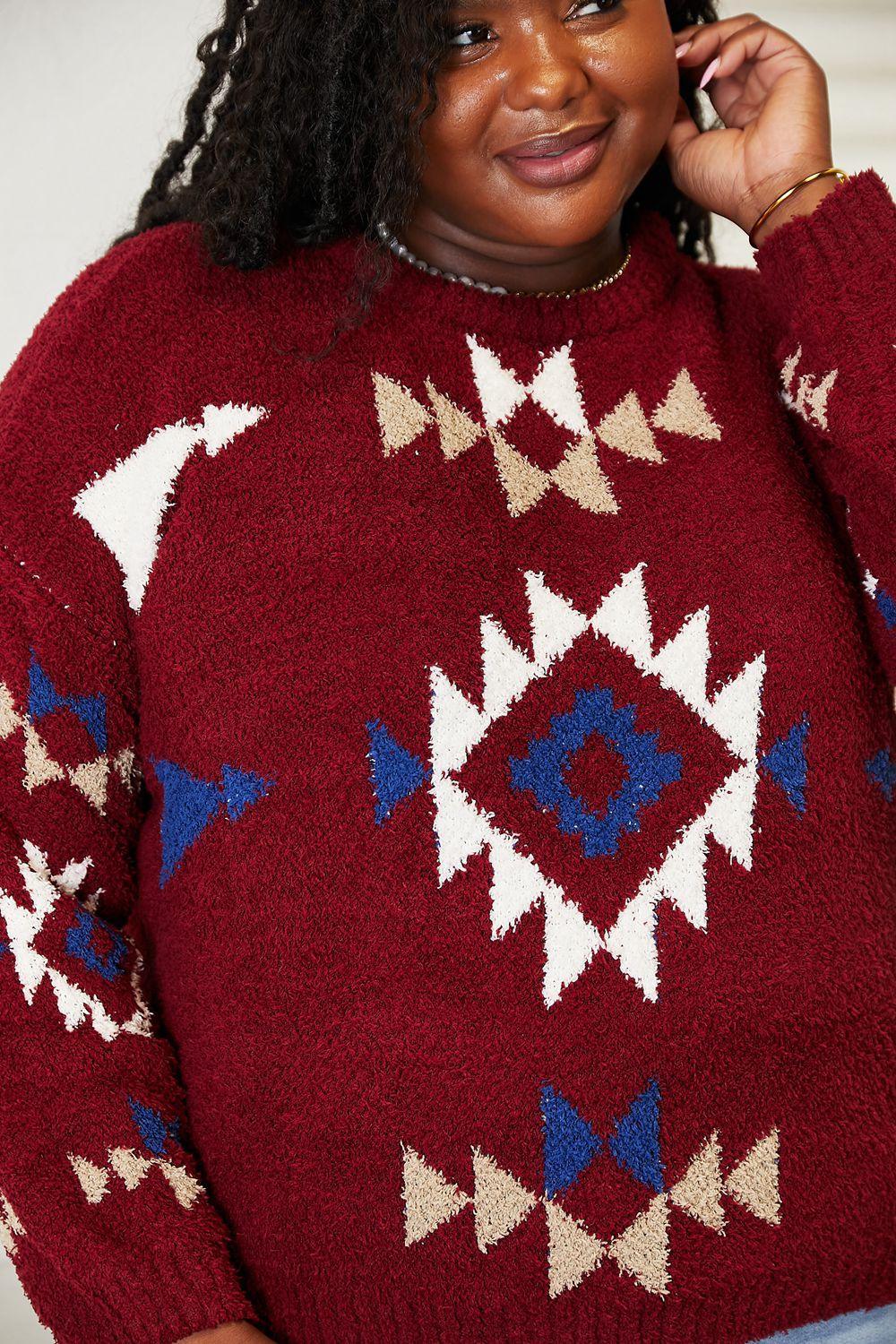 Ribbed Aztec Inspired Plus Size Fuzzy Sweater - MXSTUDIO.COM