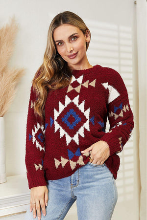 Ribbed Aztec Inspired Plus Size Fuzzy Sweater - MXSTUDIO.COM