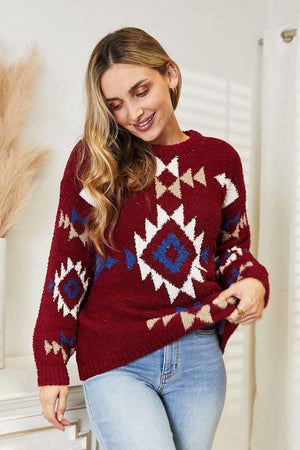 Ribbed Aztec Inspired Plus Size Fuzzy Sweater - MXSTUDIO.COM