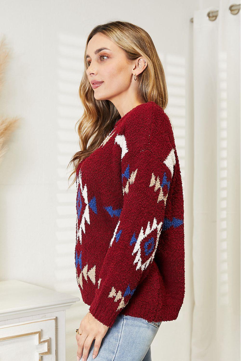 Ribbed Aztec Inspired Plus Size Fuzzy Sweater - MXSTUDIO.COM