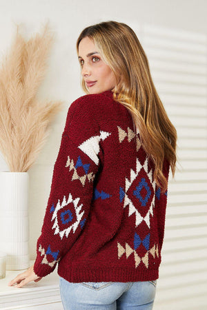 Ribbed Aztec Inspired Plus Size Fuzzy Sweater - MXSTUDIO.COM