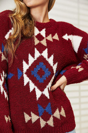 Ribbed Aztec Inspired Plus Size Fuzzy Sweater - MXSTUDIO.COM