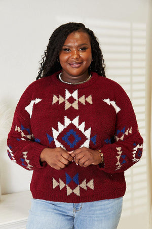 Ribbed Aztec Inspired Plus Size Fuzzy Sweater - MXSTUDIO.COM