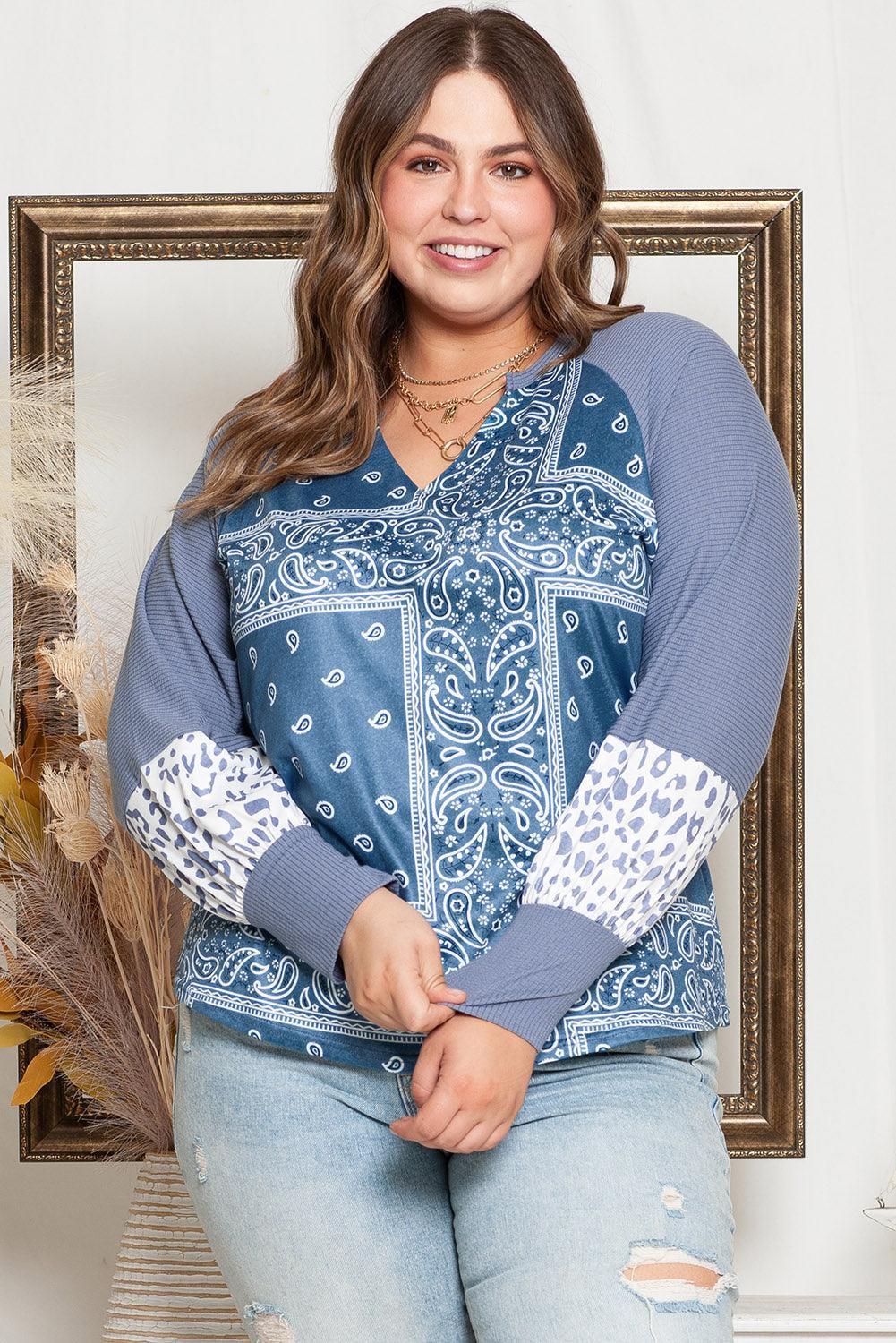 Ribbed Cuff Printed Raglan Sleeve Plus Size V Neck Blouse - MXSTUDIO.COM