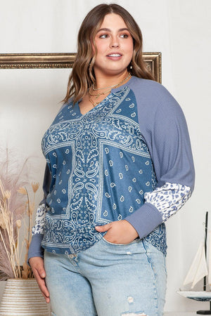 Ribbed Cuff Printed Raglan Sleeve Plus Size V Neck Blouse - MXSTUDIO.COM