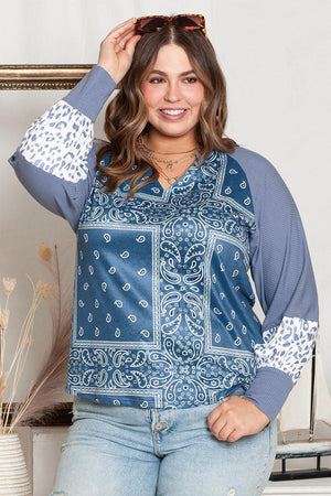 Ribbed Cuff Printed Raglan Sleeve Plus Size V Neck Blouse - MXSTUDIO.COM