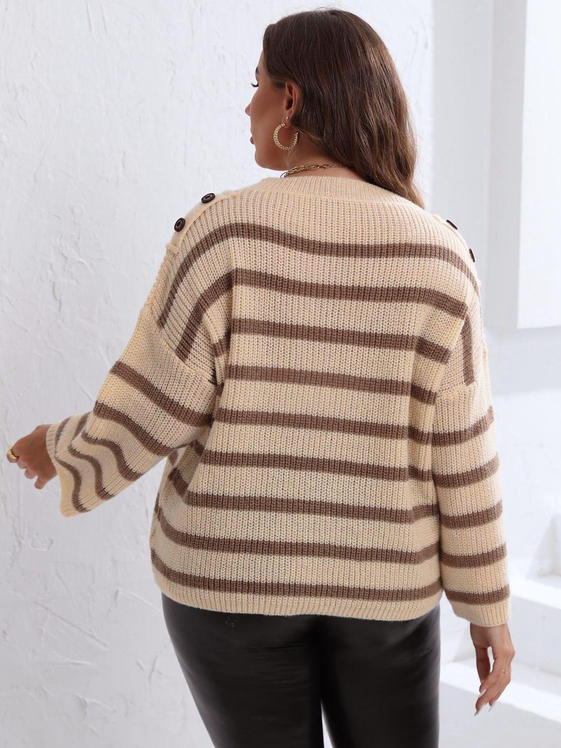 Ribbed Dropped Shoulder Plus Size Striped Sweater - MXSTUDIO.COM