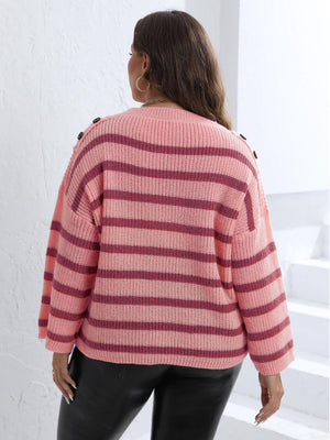 Ribbed Dropped Shoulder Plus Size Striped Sweater - MXSTUDIO.COM