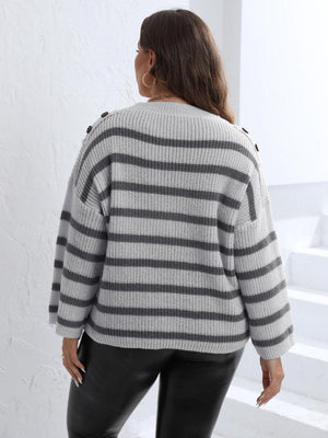 Ribbed Dropped Shoulder Plus Size Striped Sweater - MXSTUDIO.COM