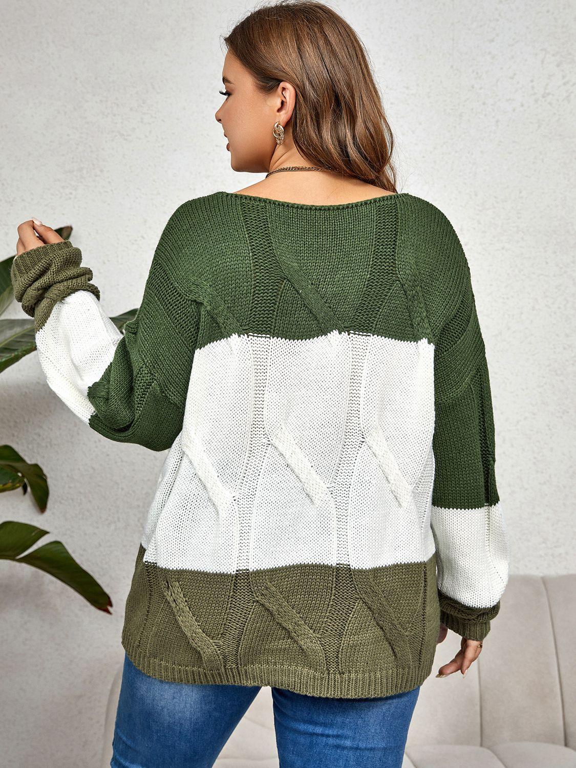 Ribbed V-Neck Plus Size Color Block Sweater - MXSTUDIO.COM