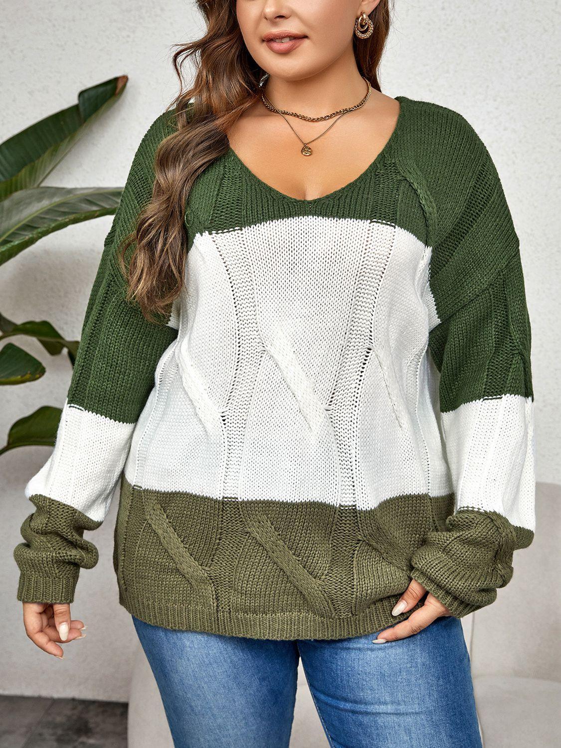 Ribbed V-Neck Plus Size Color Block Sweater - MXSTUDIO.COM