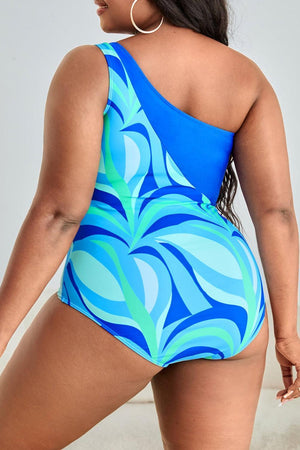 Ring Detail Blue Printed Plus Size One Shoulder Swimsuit - MXSTUDIO.COM