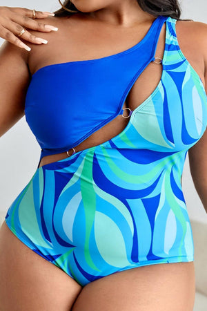 Ring Detail Blue Printed Plus Size One Shoulder Swimsuit - MXSTUDIO.COM