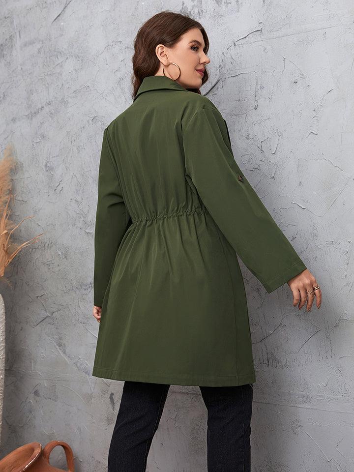 Roll-Tab Sleeve Green Plus Size Women's Trench Coat - MXSTUDIO.COM