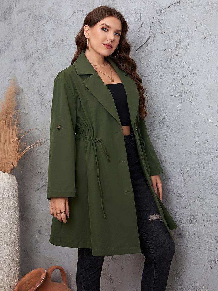 Roll-Tab Sleeve Green Plus Size Women's Trench Coat - MXSTUDIO.COM