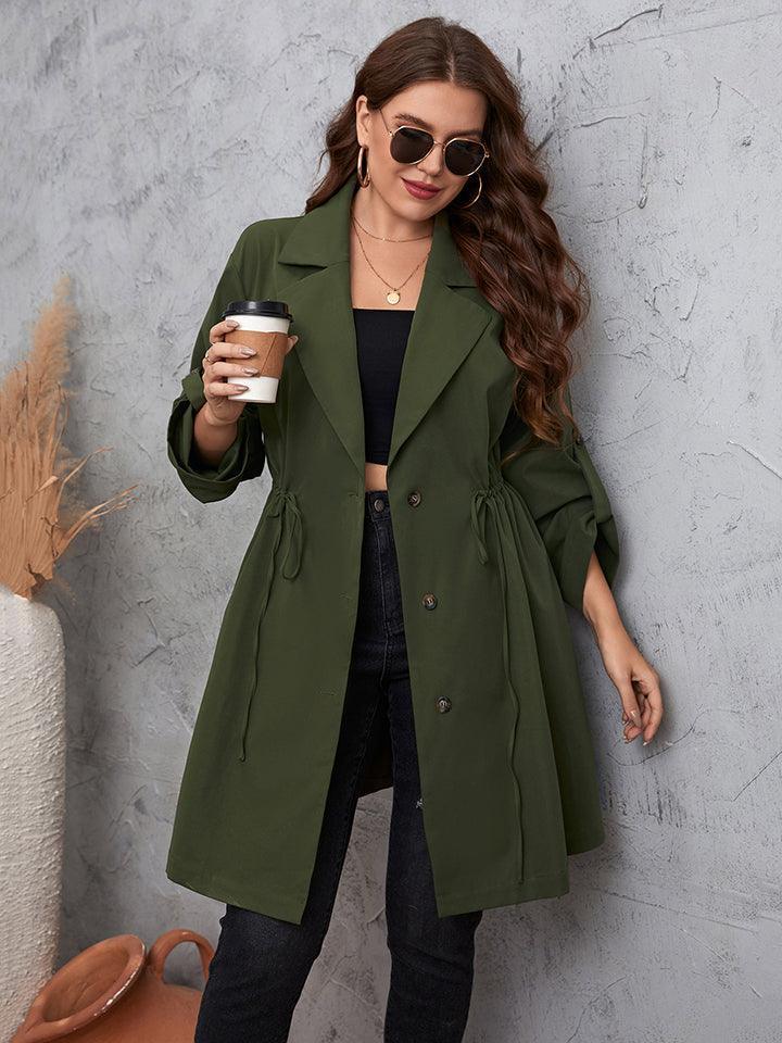 Roll-Tab Sleeve Green Plus Size Women's Trench Coat - MXSTUDIO.COM